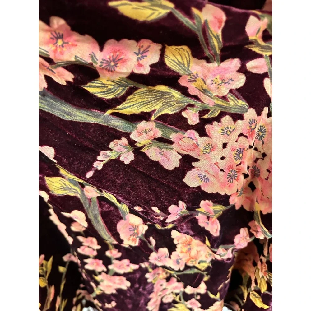Loveriche Velvet Floral Dress Burgundy Pink Long Sleeve V Neck Mini Women's S‎